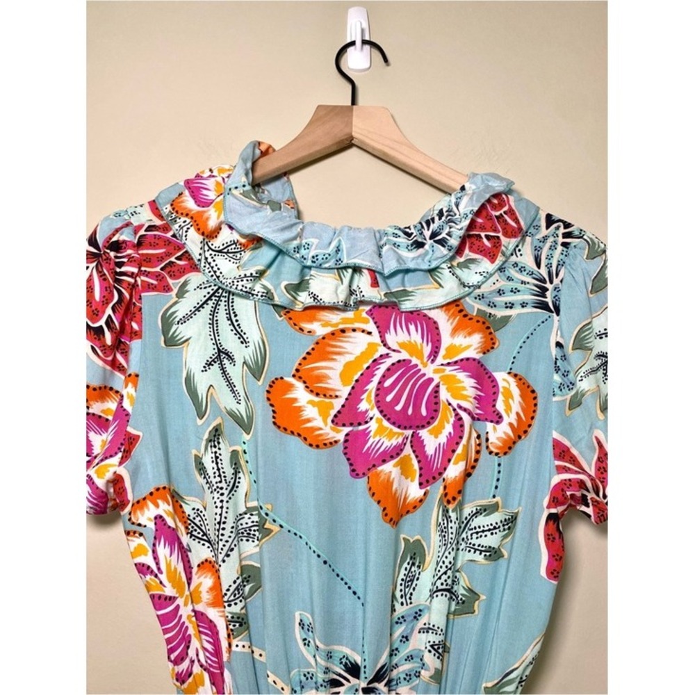 Jaase Boho Aqua Light Blue Floral Dress Ruffle Flowy Tassel Smocked Medium - Picture 16 of 16